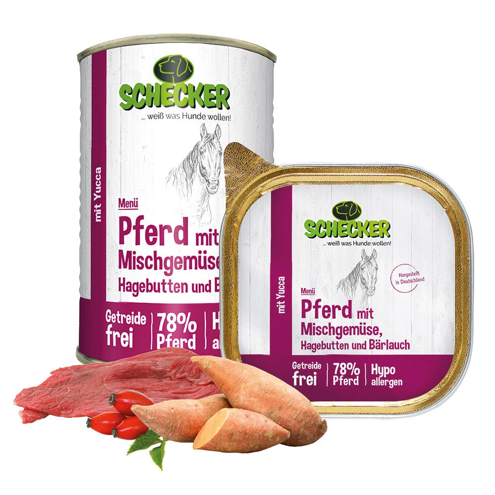 Schecker Hondenmenu - Paard Met Gemengde Groenten, Rozenbottels En Daslook 1 Schecker Hondenmenu - Paard Met Gemengde Groenten, Rozenbottels En Daslook